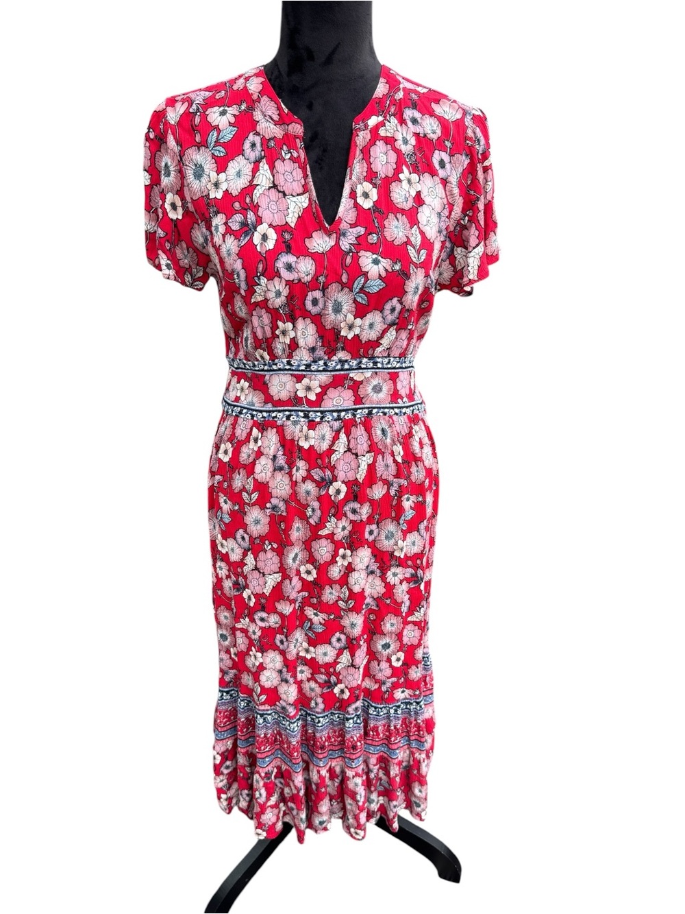 Knox Rose Floral Red Midi Dress V Neck Elastic Waist Cap Sleeve Boho   Romantic - Picture 2 of 10